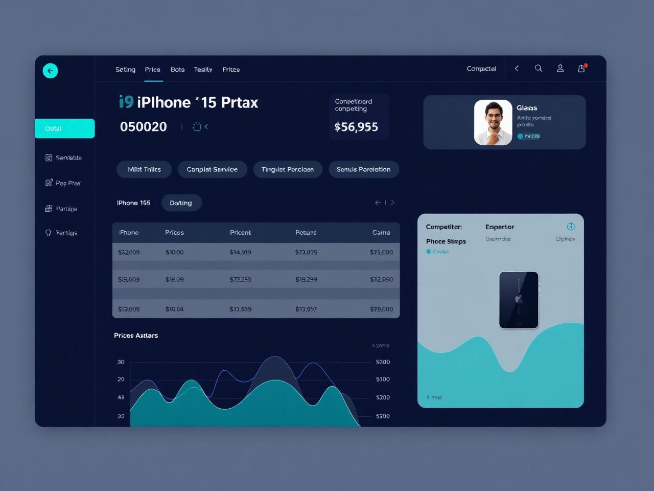 Painel MonitoreX analisando o iPhone 15 Pro Max com tabela de preços e gráficos